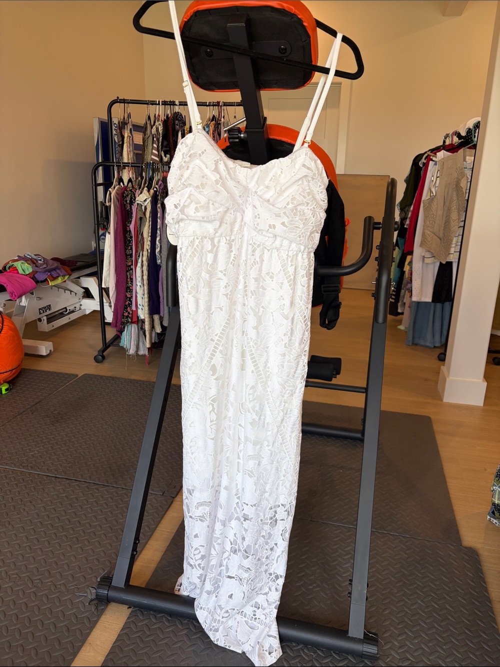 Soma White Lace Maxi Dress with Spaghetti Straps and Sweetheart Neckline